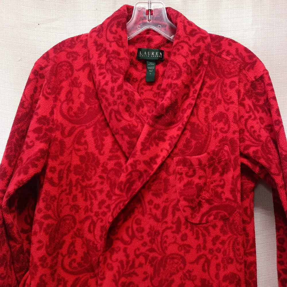 Lauren Ralph‎ Lauren Womens L Red Paisley Fleece Robe Embroidered Logo Belted